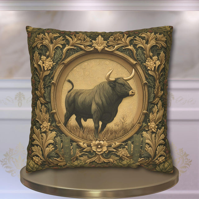William Morris Western Bull Pillow Cover: Vintage Style Olive Green Southwestern Decor