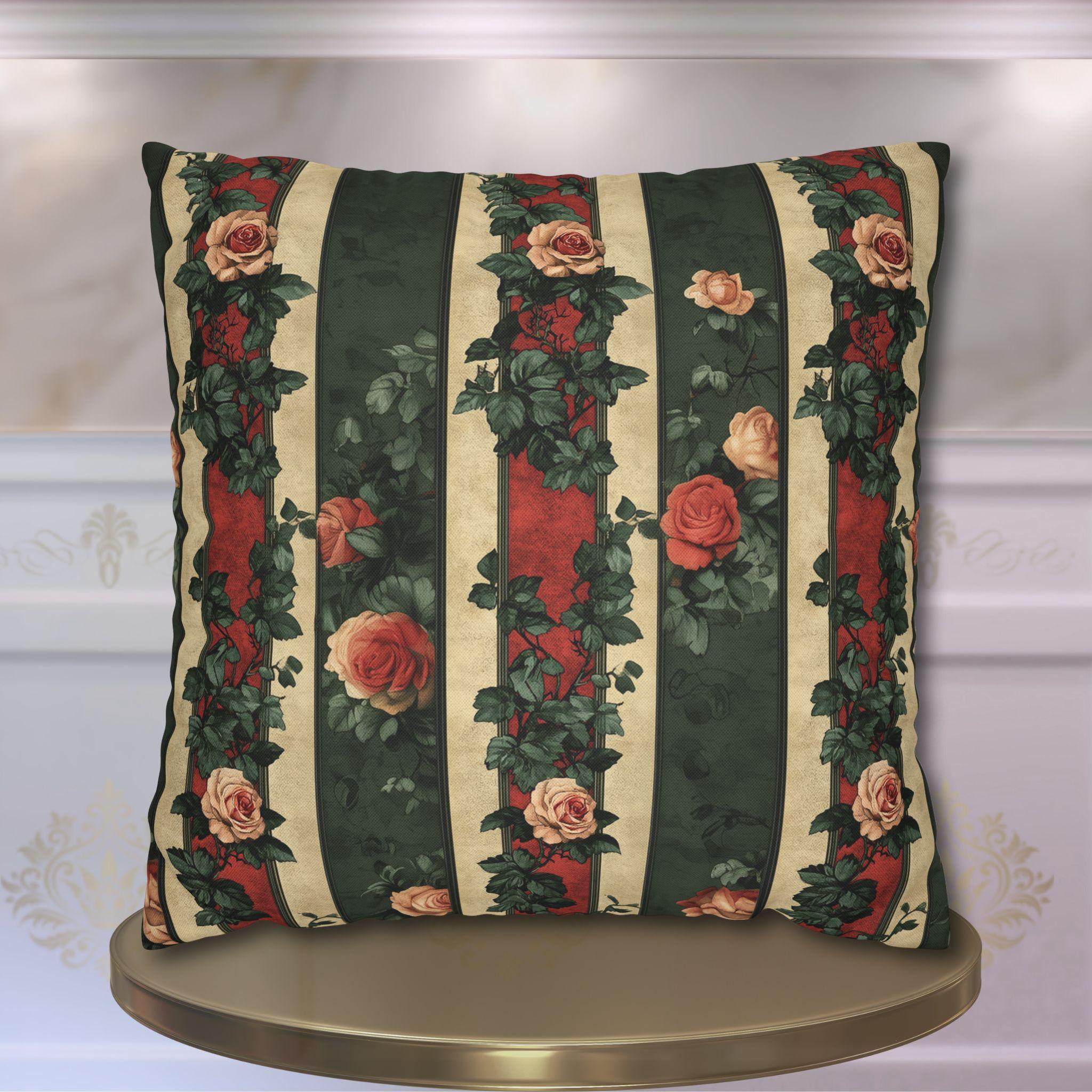Stripes & Roses Throw Pillow Cover: Vintage Style Watercolor Look