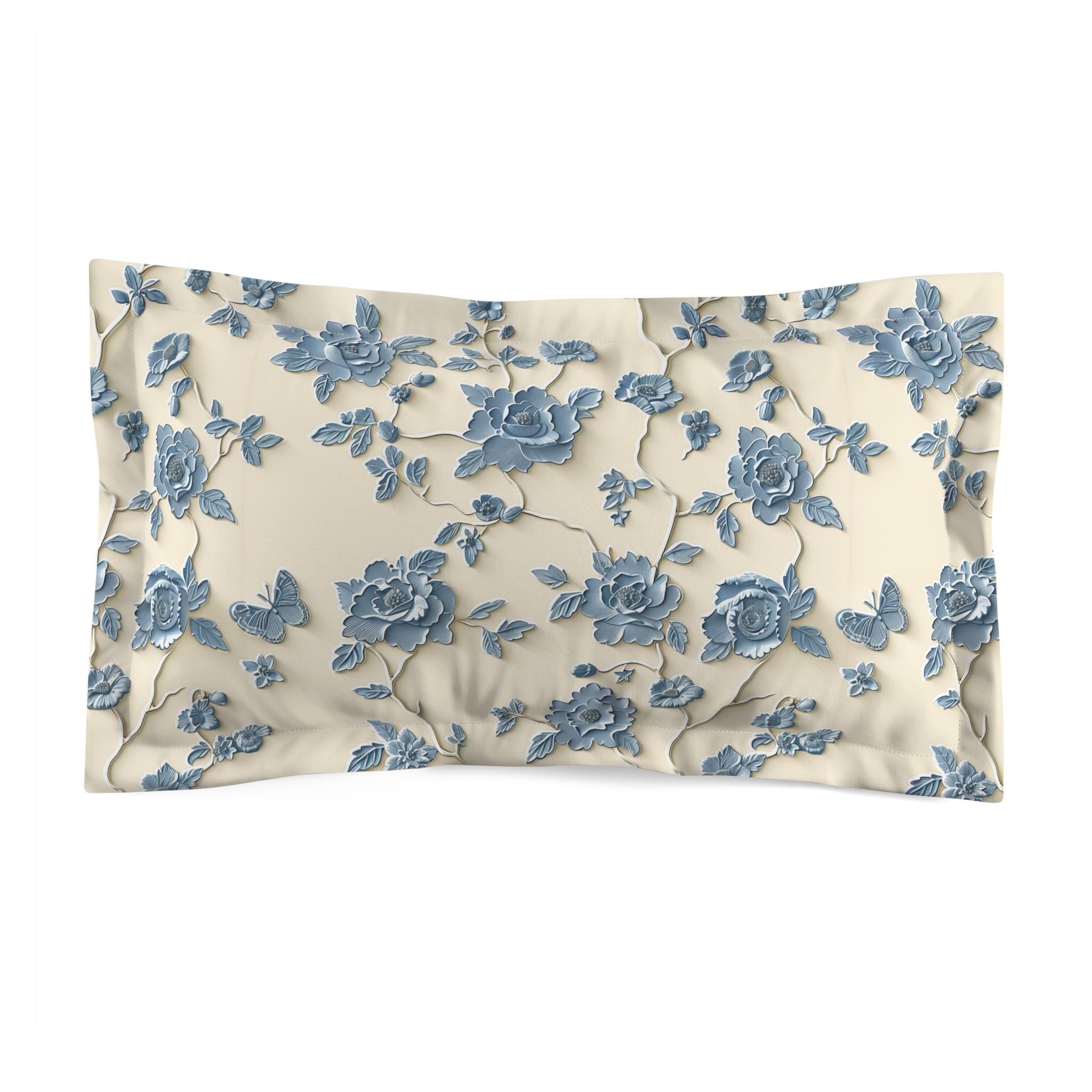 Blue Floral Chinoiserie Microfiber Pillow Sham, Cream Background, Stylized Peonies Design