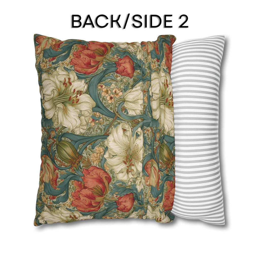 William Morris Style Pillow Cover: Ivory and Coral Lilies on a Celadon Background
