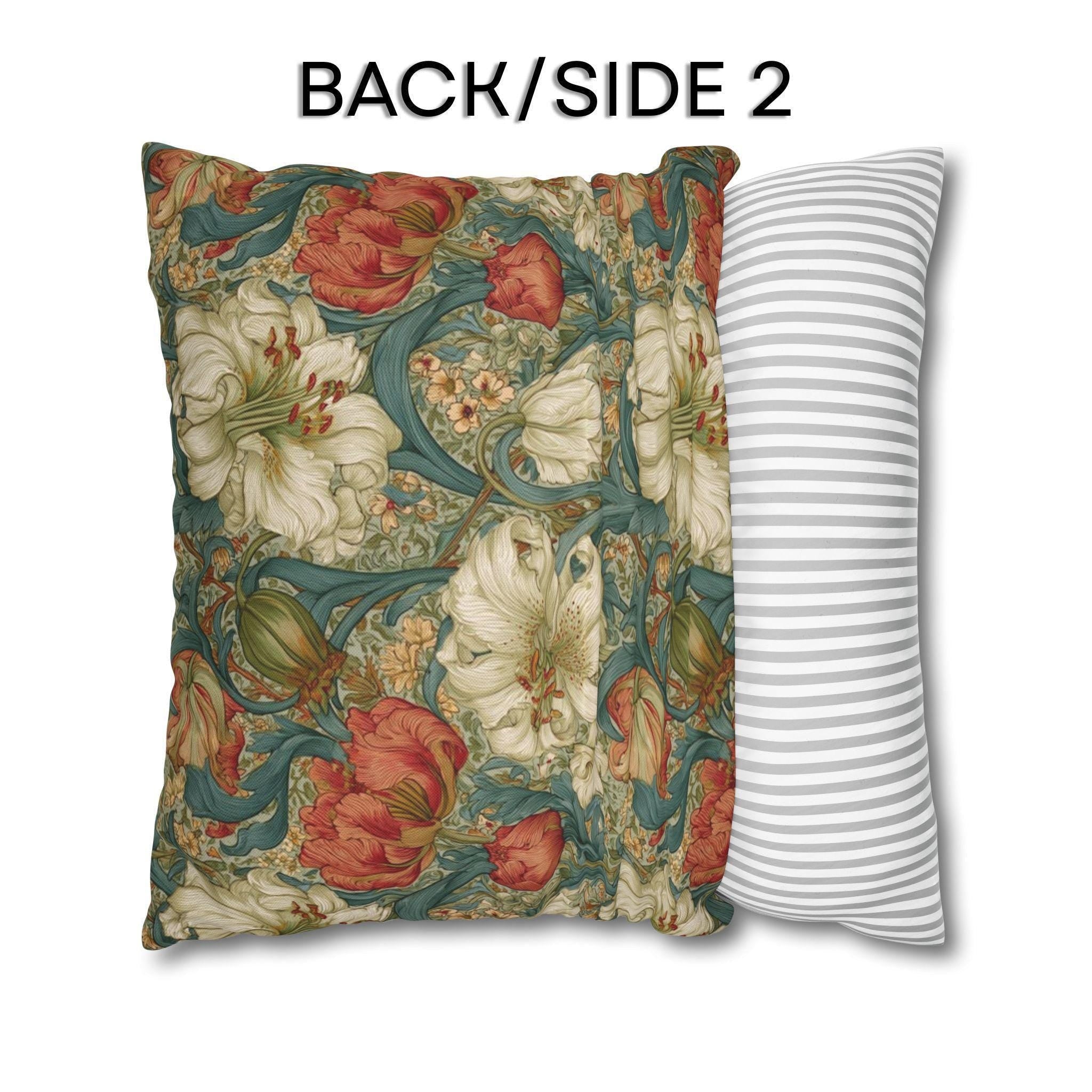 William Morris Style Pillow Cover: Ivory and Coral Lilies on a Celadon Background