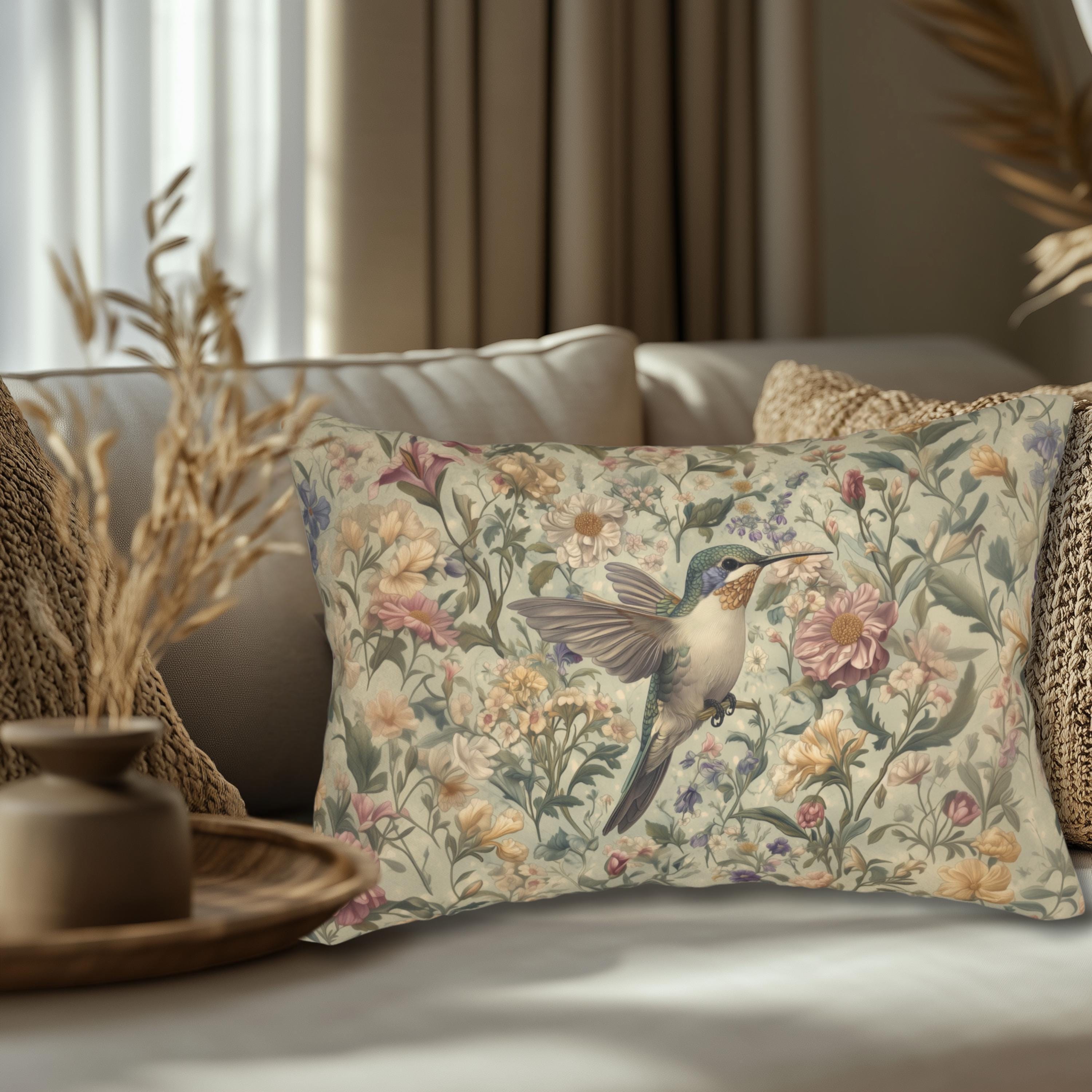 William Morris Inspired Hummingbird Tapestry Lumbar Pillow - Botanical Arts & Crafts Floral Cushion