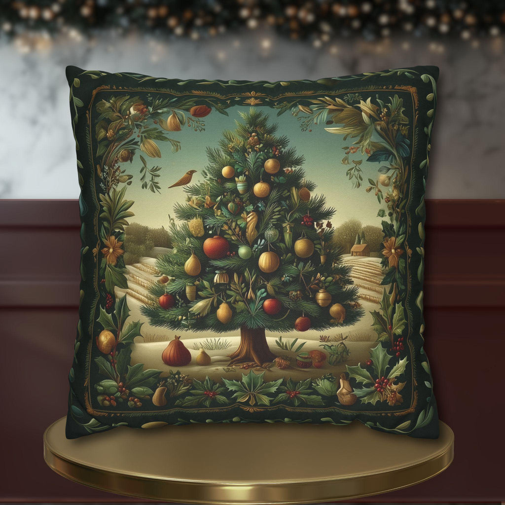 Botanical Christmas Pillow Cover: William Morris Style Decorated Country Farm Tree