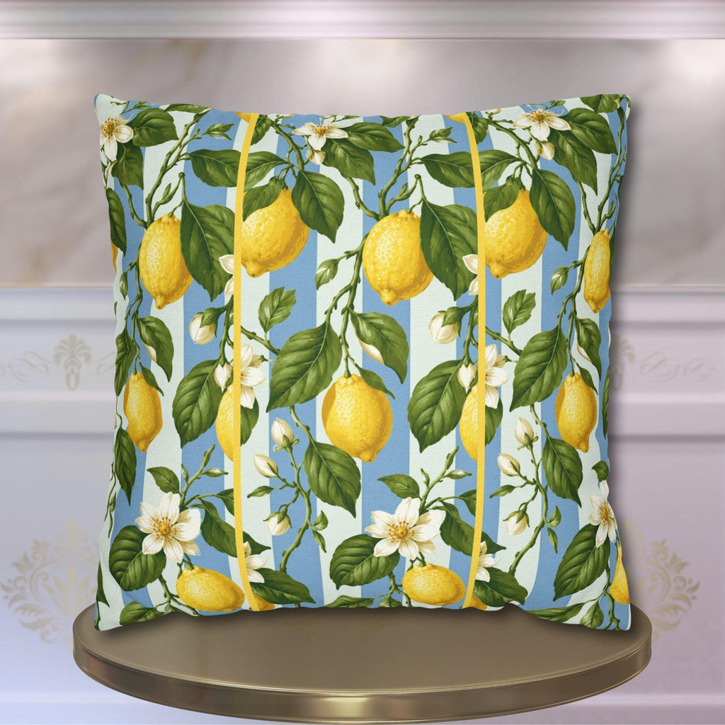 Lemon Soft Blue Stripe Pillow Cover: with Green Leaves and White Florals