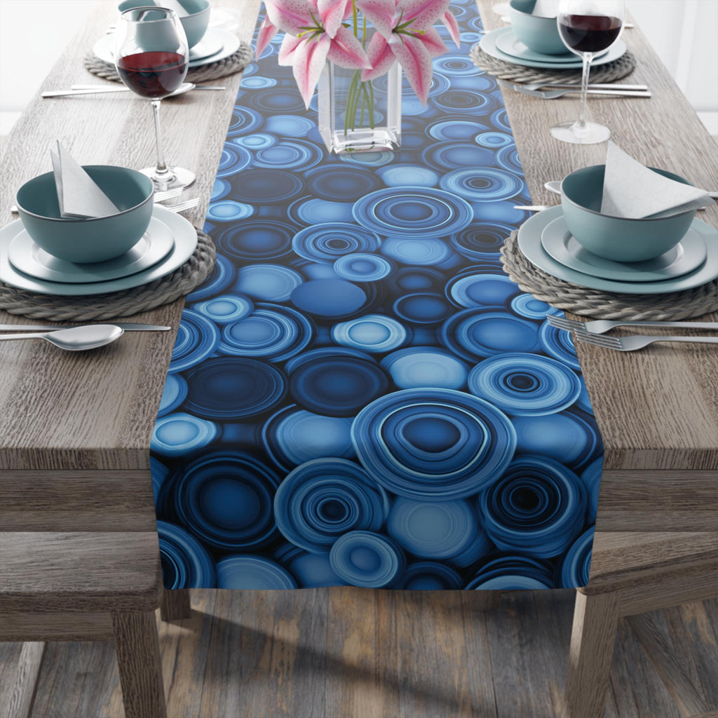 Retro Modern Blue Geometric Table Runner: Mid Century Circle Pattern Decor