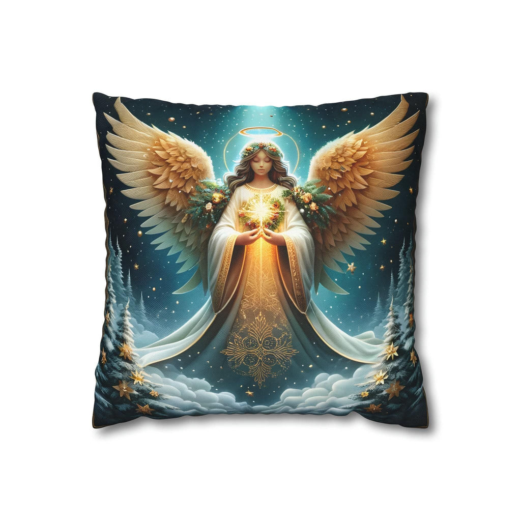 Angelic Christmas Throw Pillow Cover: Midnight Blue Decorative Holiday Cushion with Golden Wings