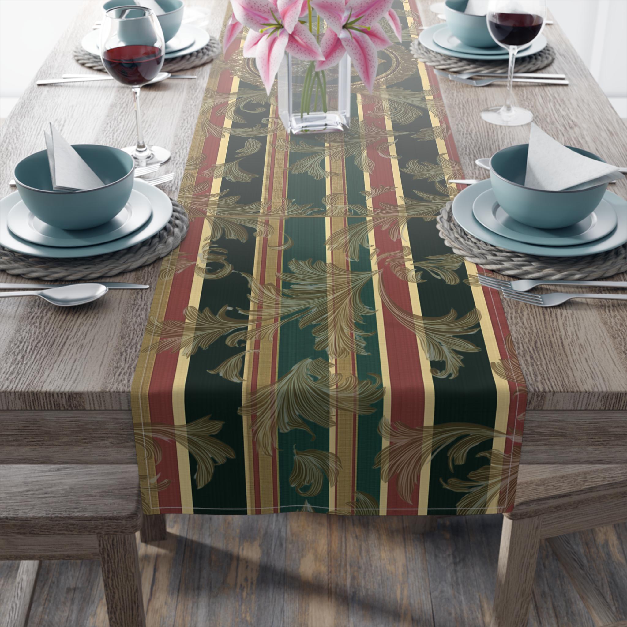 Gold Damask Christmas Table Runner: Emerald Tartan Bands & Medallion Accent