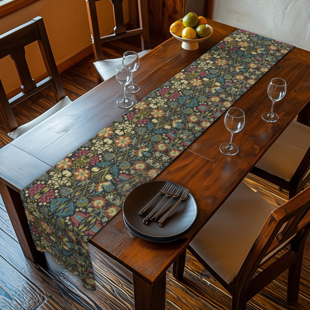William Morris Inspired Table Runner: Midnight Navy Botanical Design