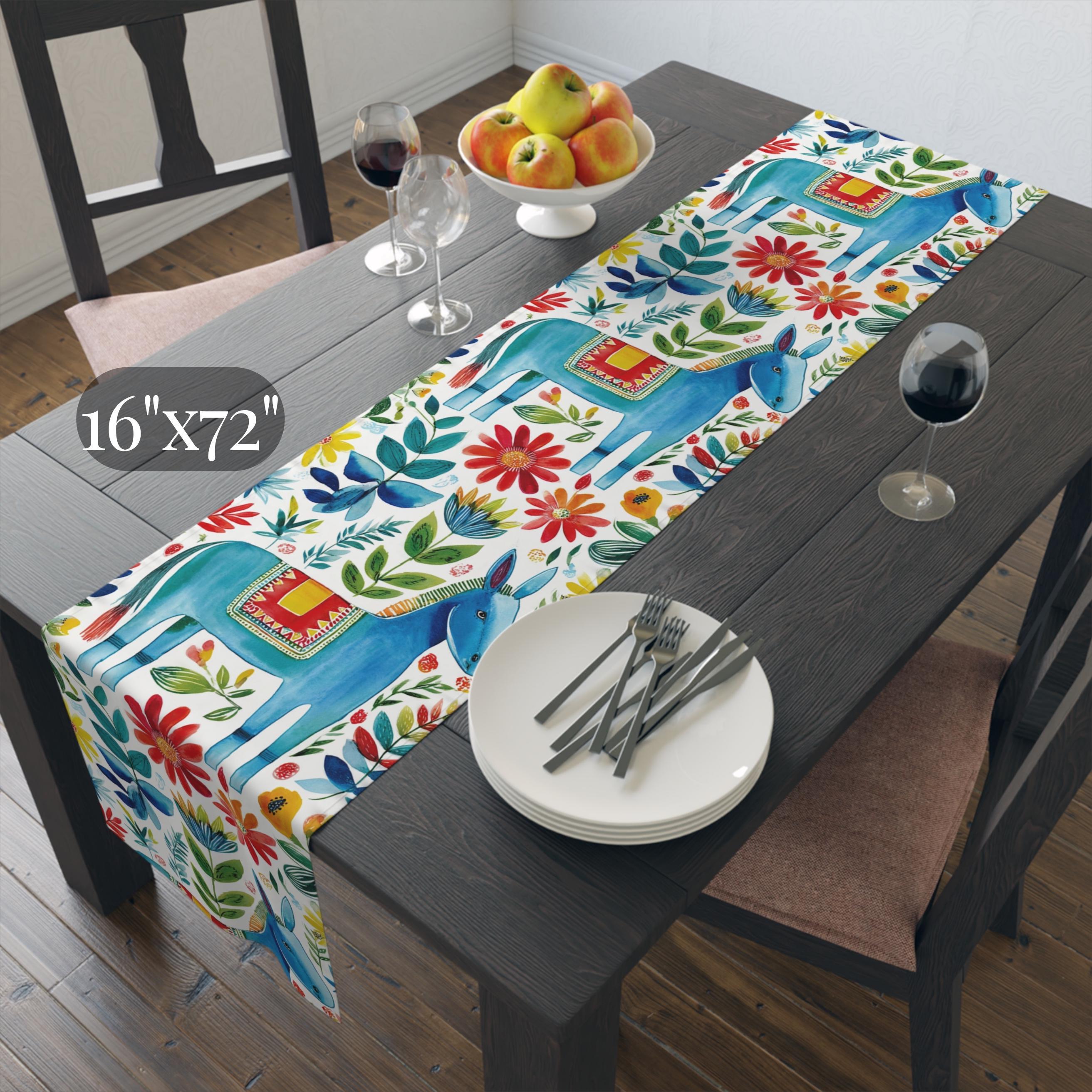 Otomi Table Runner: Blue Donkey Mexican Style Folk Art Floral Decor