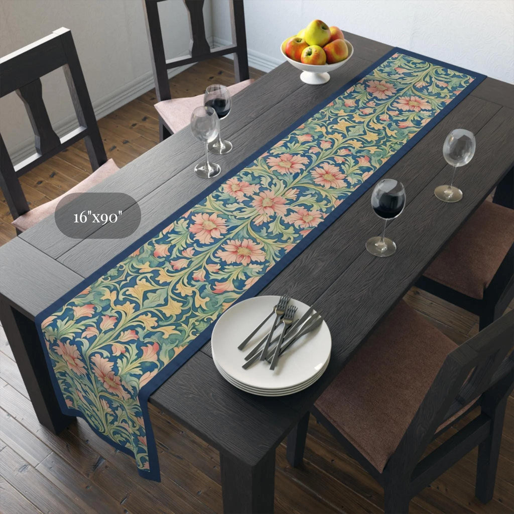 William Morris Pimpernel-Inspired Table Runner: Modern Blue & Coral Pink Botanical