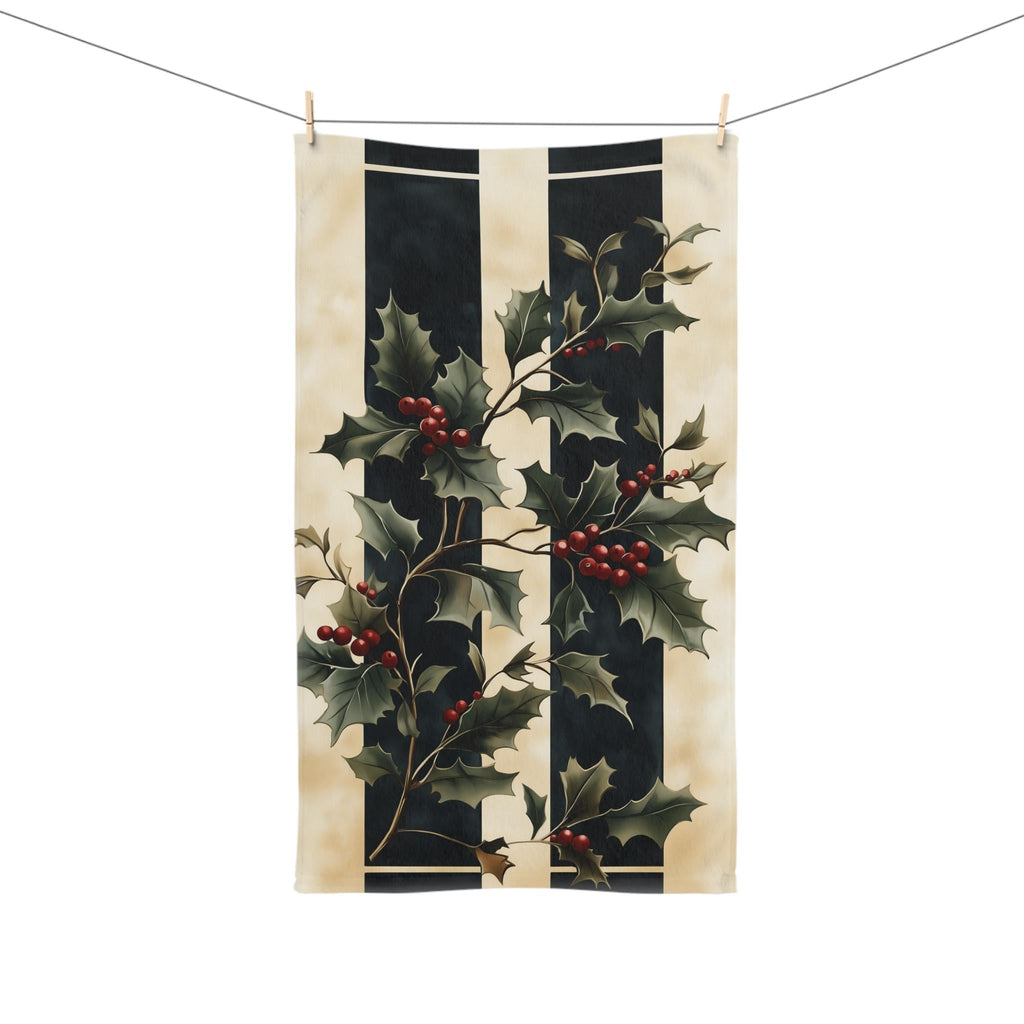 Holly & Stripes Christmas Tea Towel, Elegant Green Red Kitchen Decor