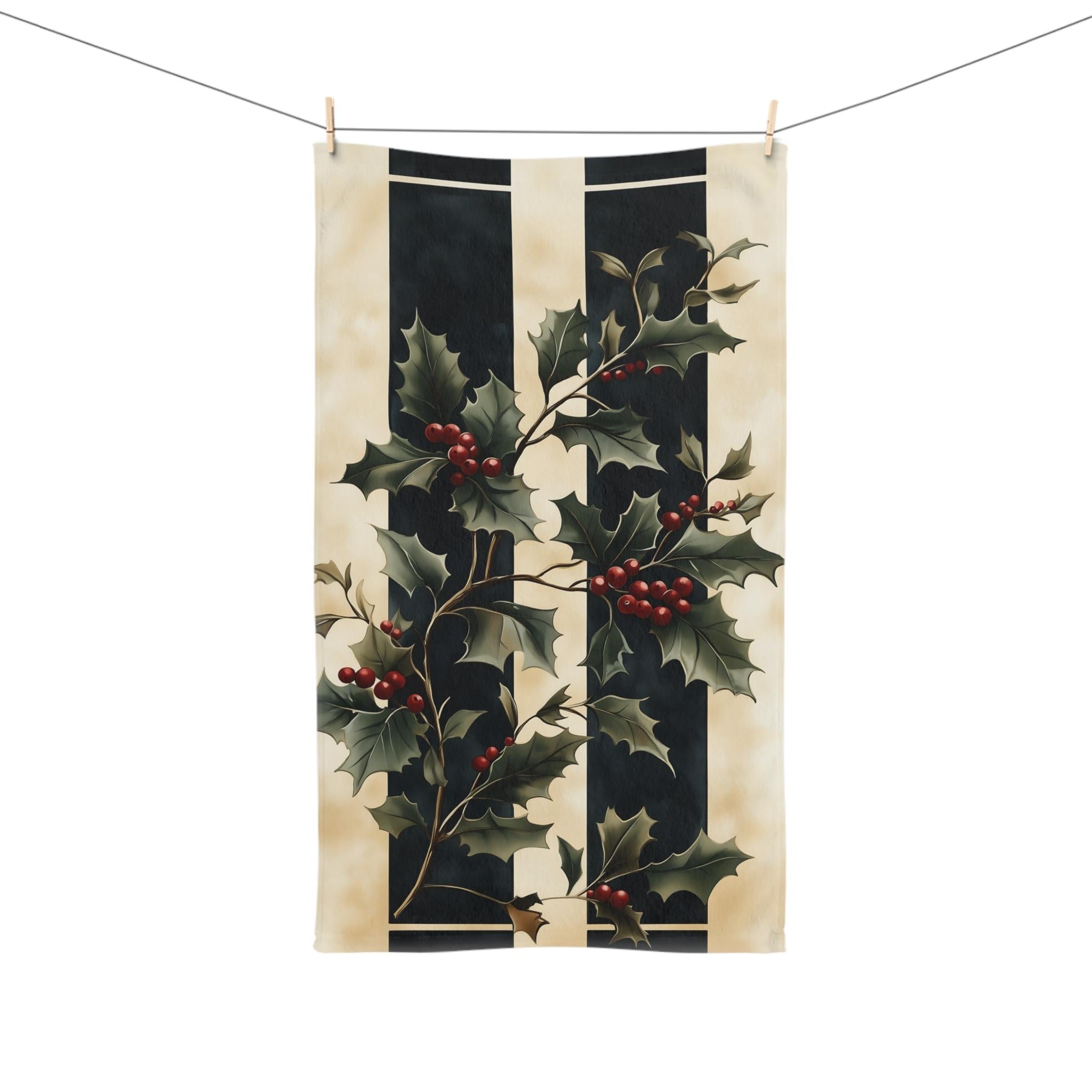 Holly & Stripes Christmas Tea Towel, Elegant Green Red Kitchen Decor