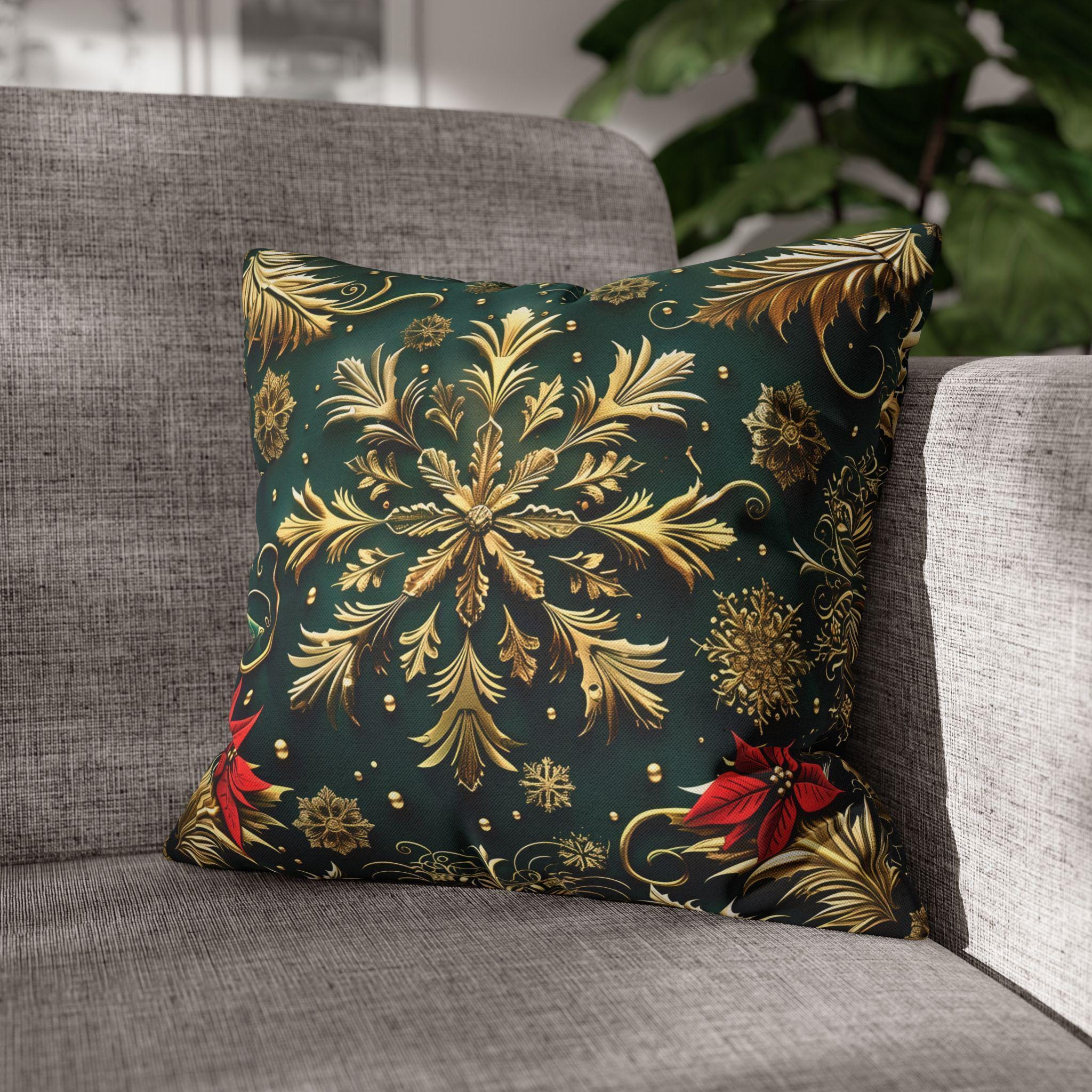 Holiday Snowflake Square  Pillowcase, Elegant Christmas Decor, Luxury Green & Gold Pillow Sham