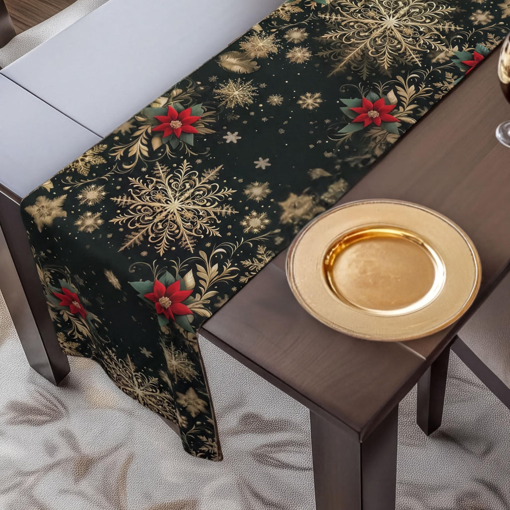 Emerald Christmas Table Runner - Gold Snowflakes and Festive Poinsettias