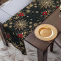 Emerald Christmas Table Runner - Gold Snowflakes and Festive Poinsettias