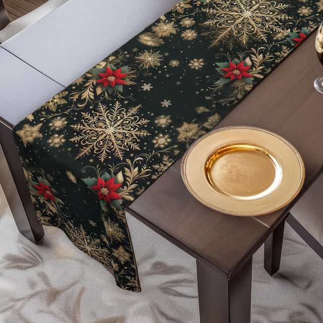 Emerald Christmas Table Runner - Gold Snowflakes and Festive Poinsettias