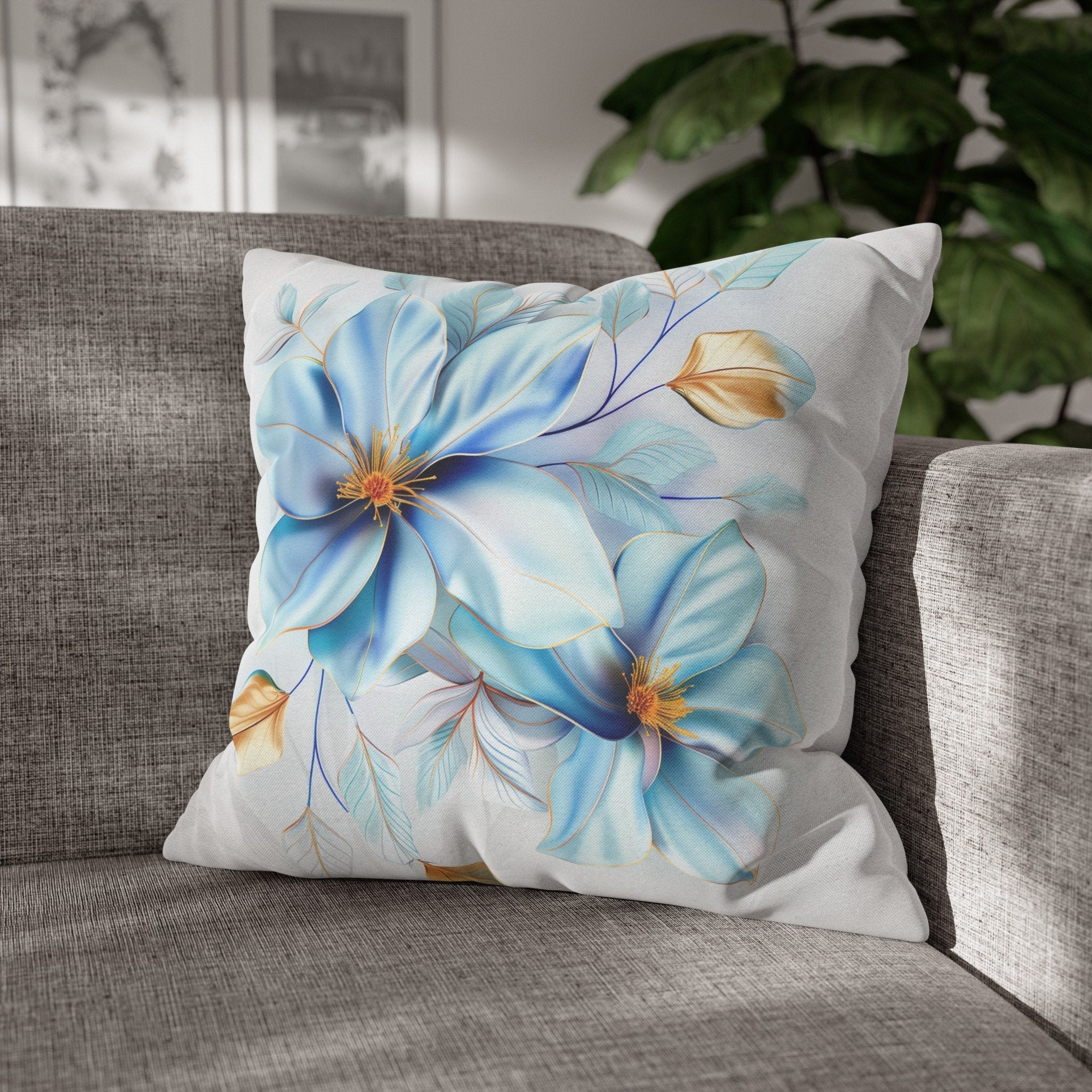 Blue Magnolia Pillow Cover with Golden Accents: Elegant Floral Cushion Case