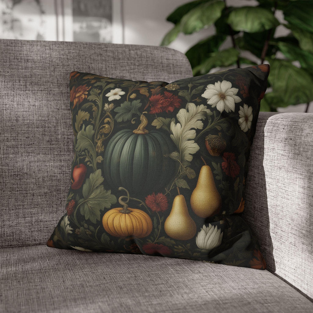 William Morris Inspired Pillow Cover: Midnight Harvest with Pumpkins, Pears & Florals
