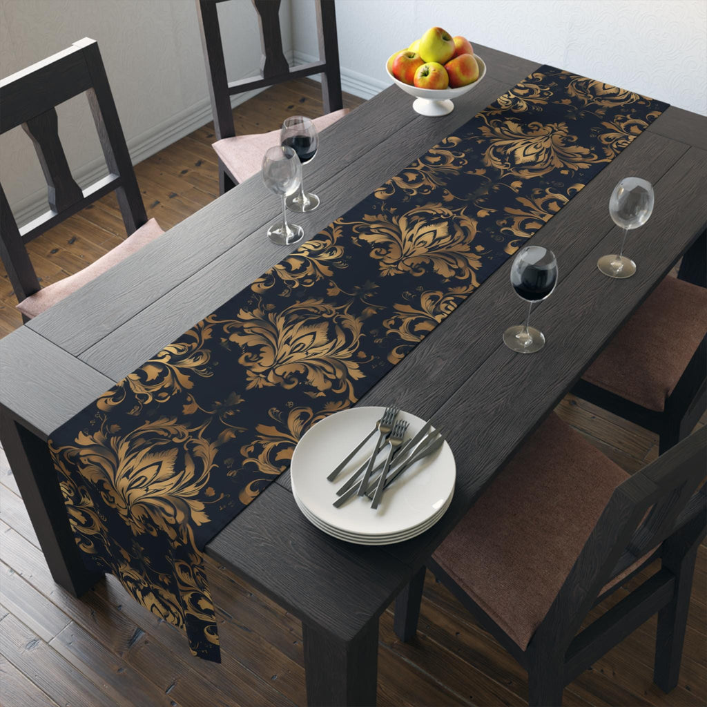 Navy and Gold Damask Table Runner: Elegant Medallion Print Dining Decor