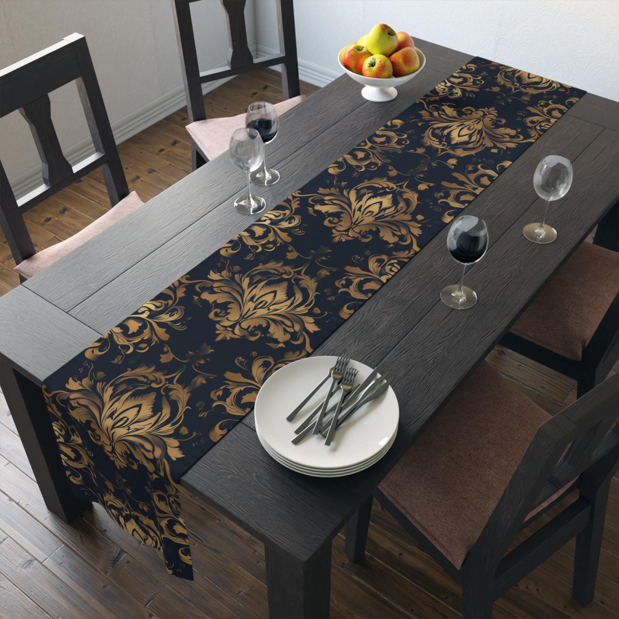 Navy and Gold Damask Table Runner: Elegant Medallion Print Dining Decor