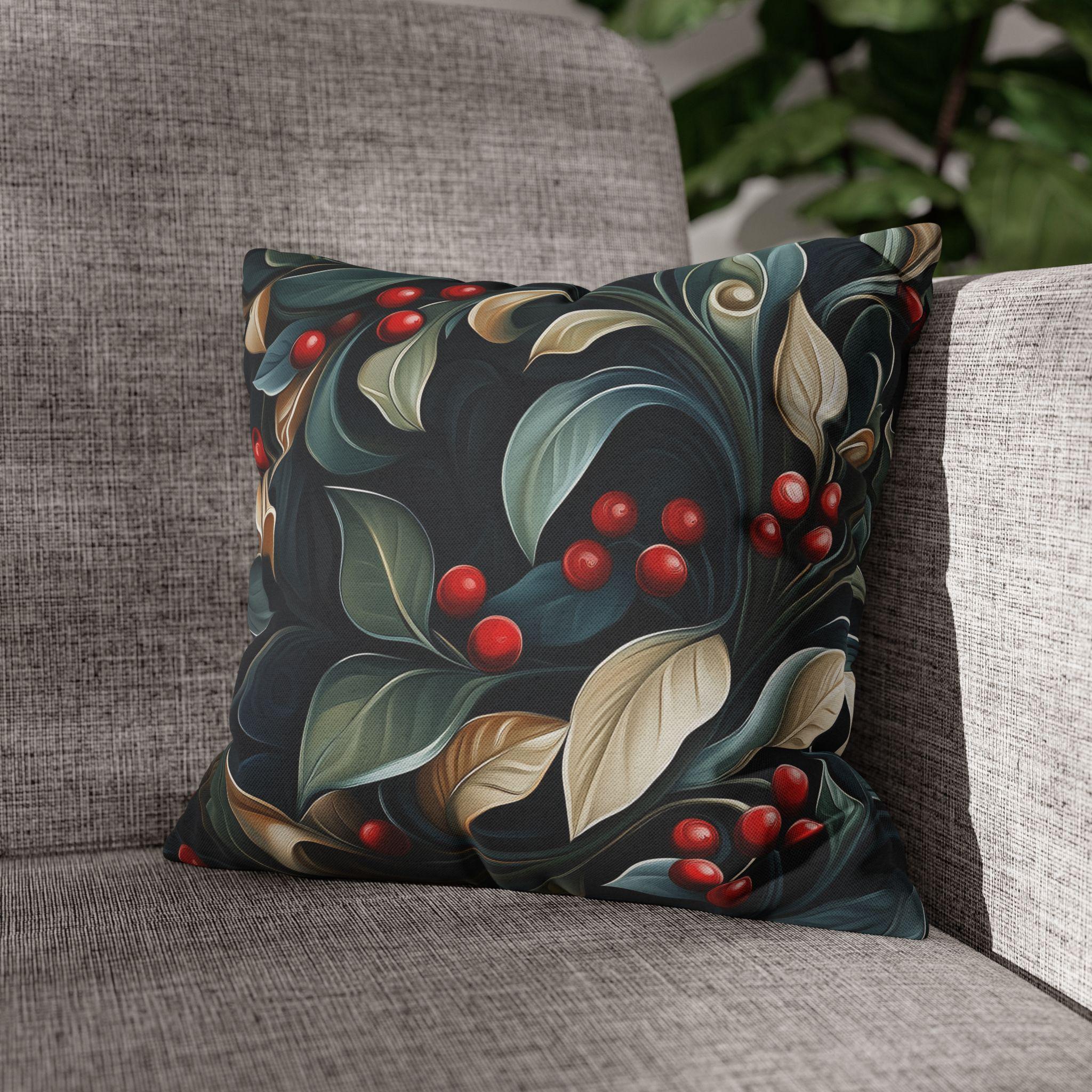 Christmas Botanical Square Pillowcase, Elegant Holly Leaves & Berries Design Cushion Cover