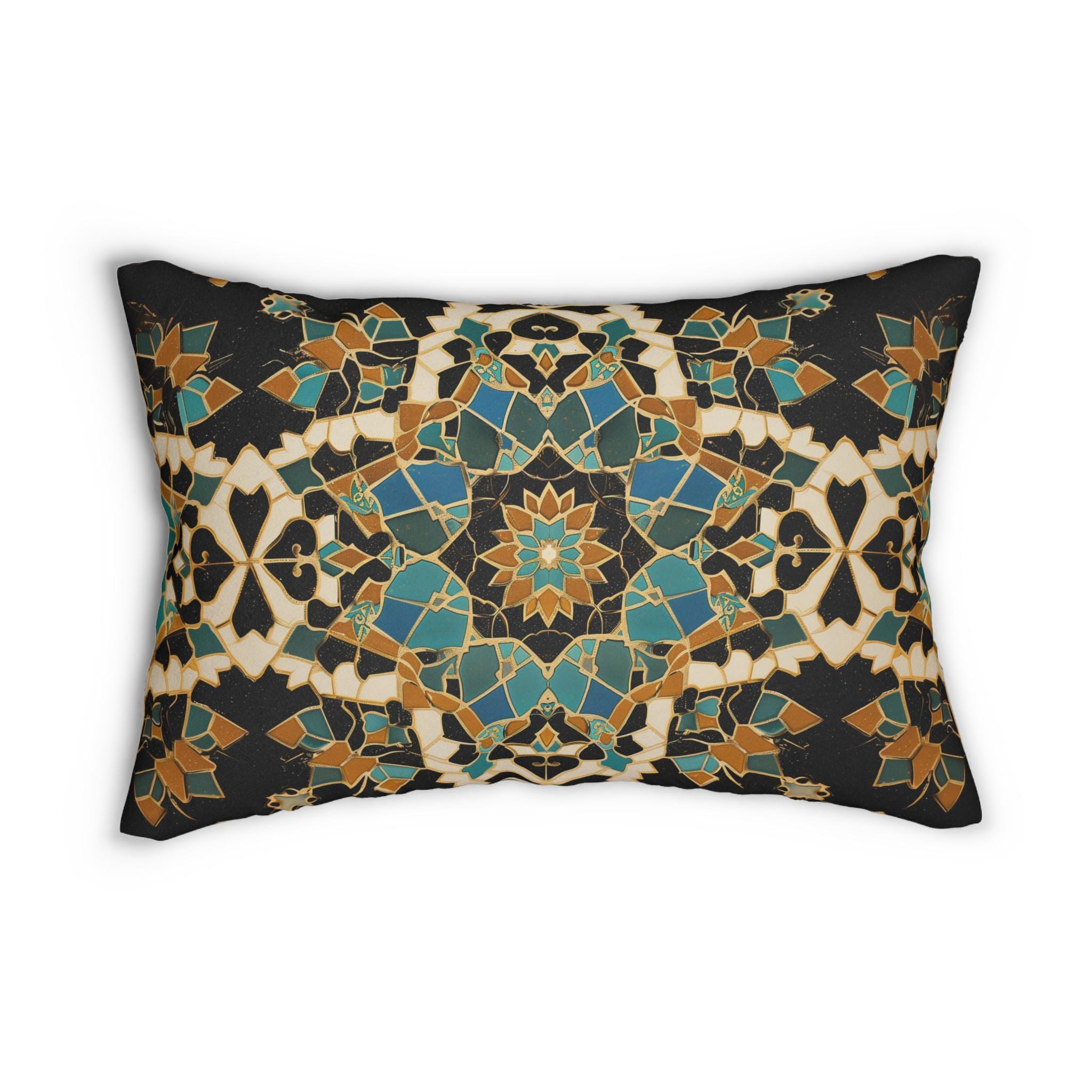 Moroccan Tilework Lumbar Pillow: Geometric Teal Cushion (20x14)