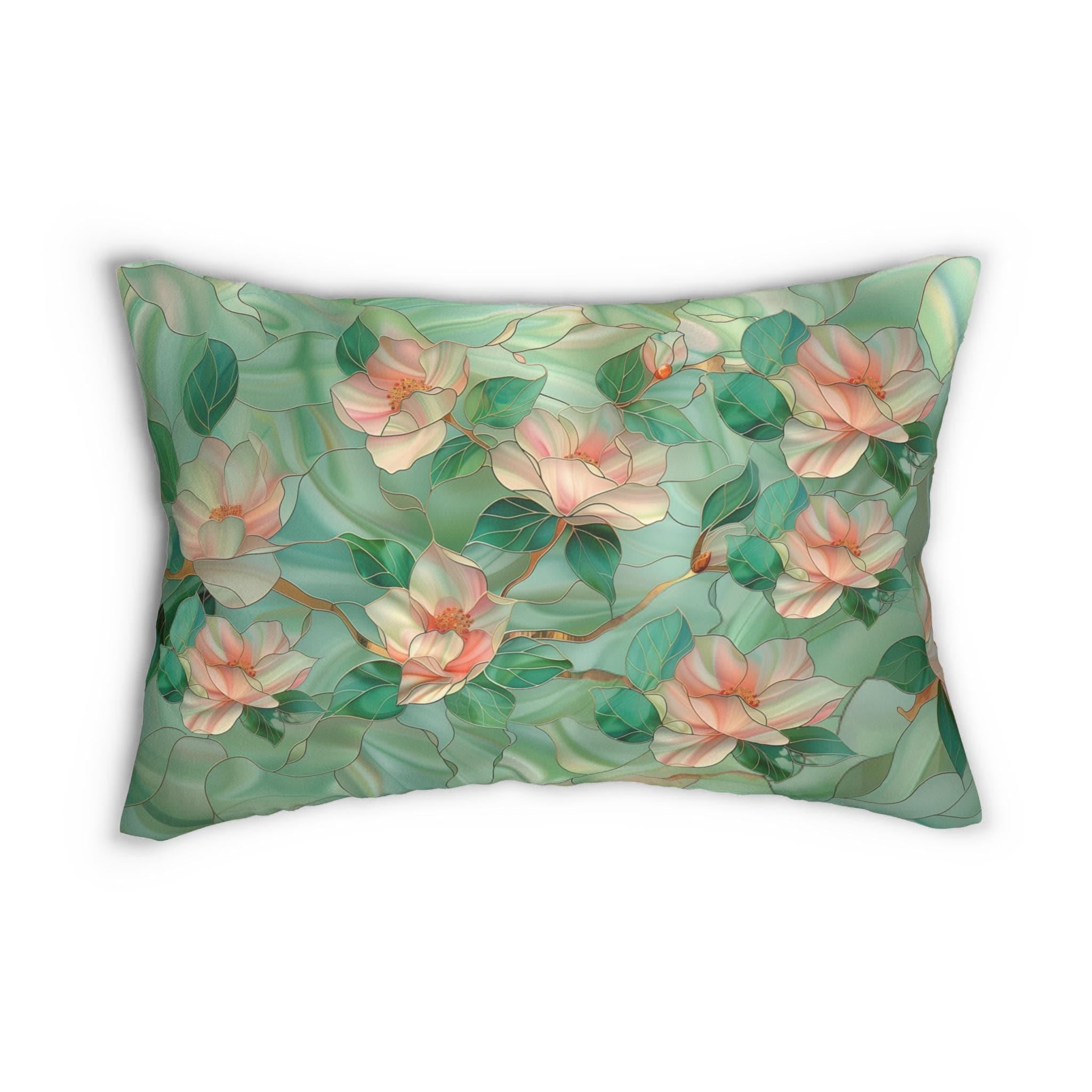 Chinoiserie Lumbar Pillow Stained Glass Style Pink Magnolia Flowers Luminous Green Background