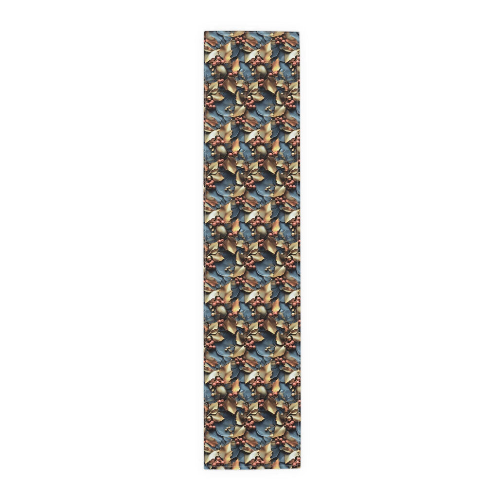 Christmas Holly Table Runner, Teal Red Berry Gold Leaf Design