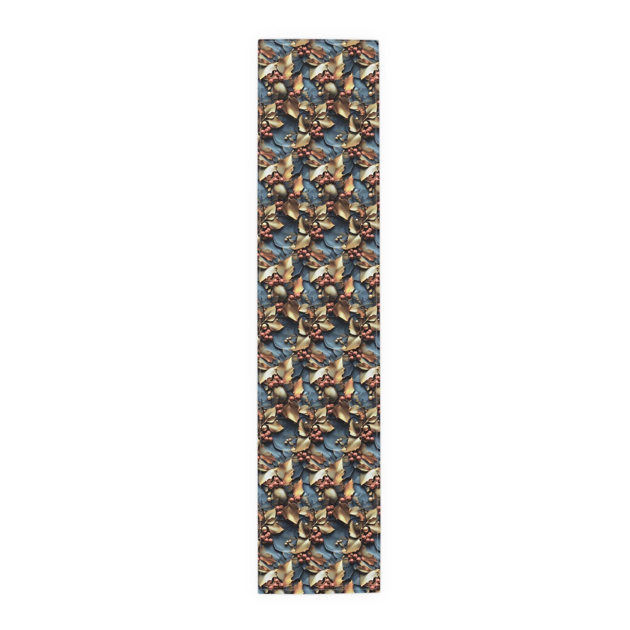 Christmas Holly Table Runner, Teal Red Berry Gold Leaf Design