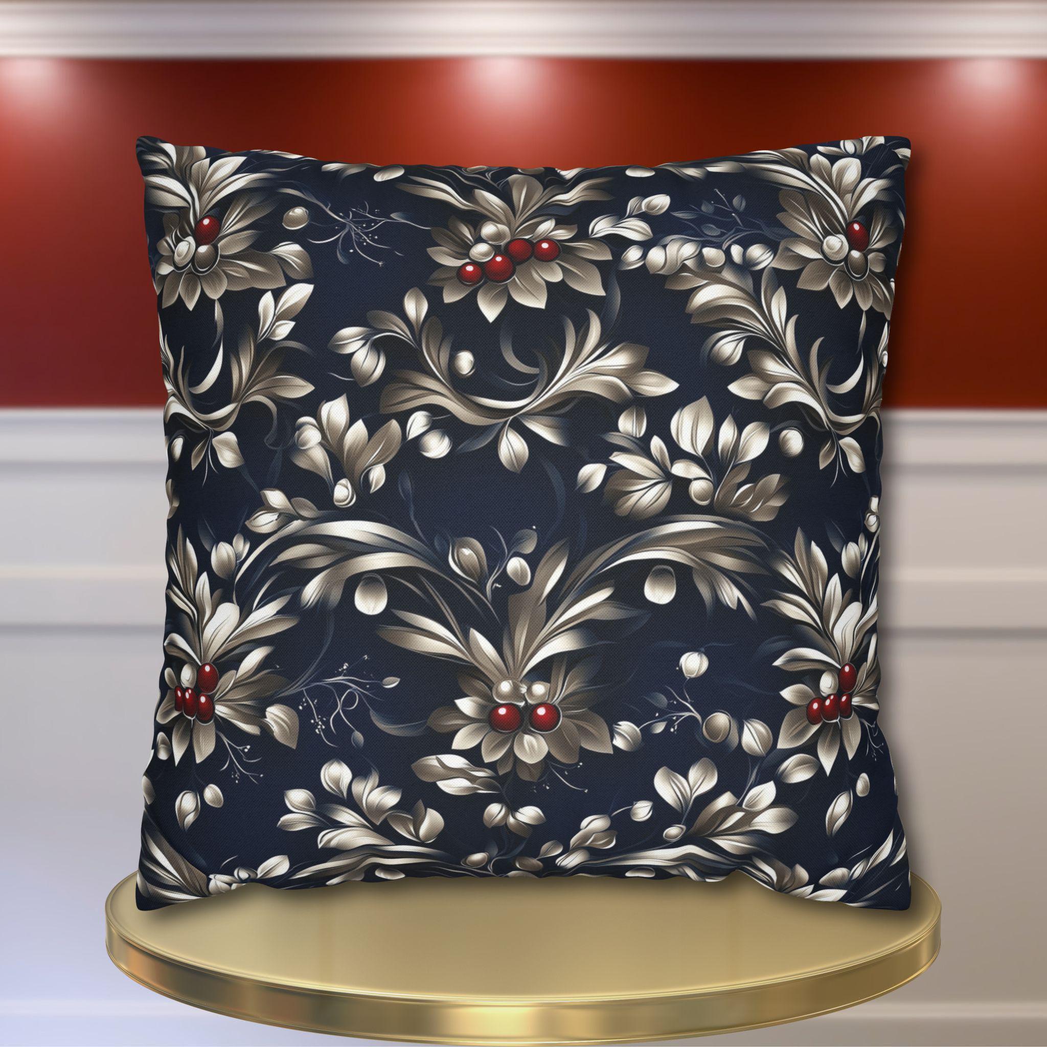 Navy Blue Holly Pillow Cover, Silver Leaf, Red Berry Christmas Decor
