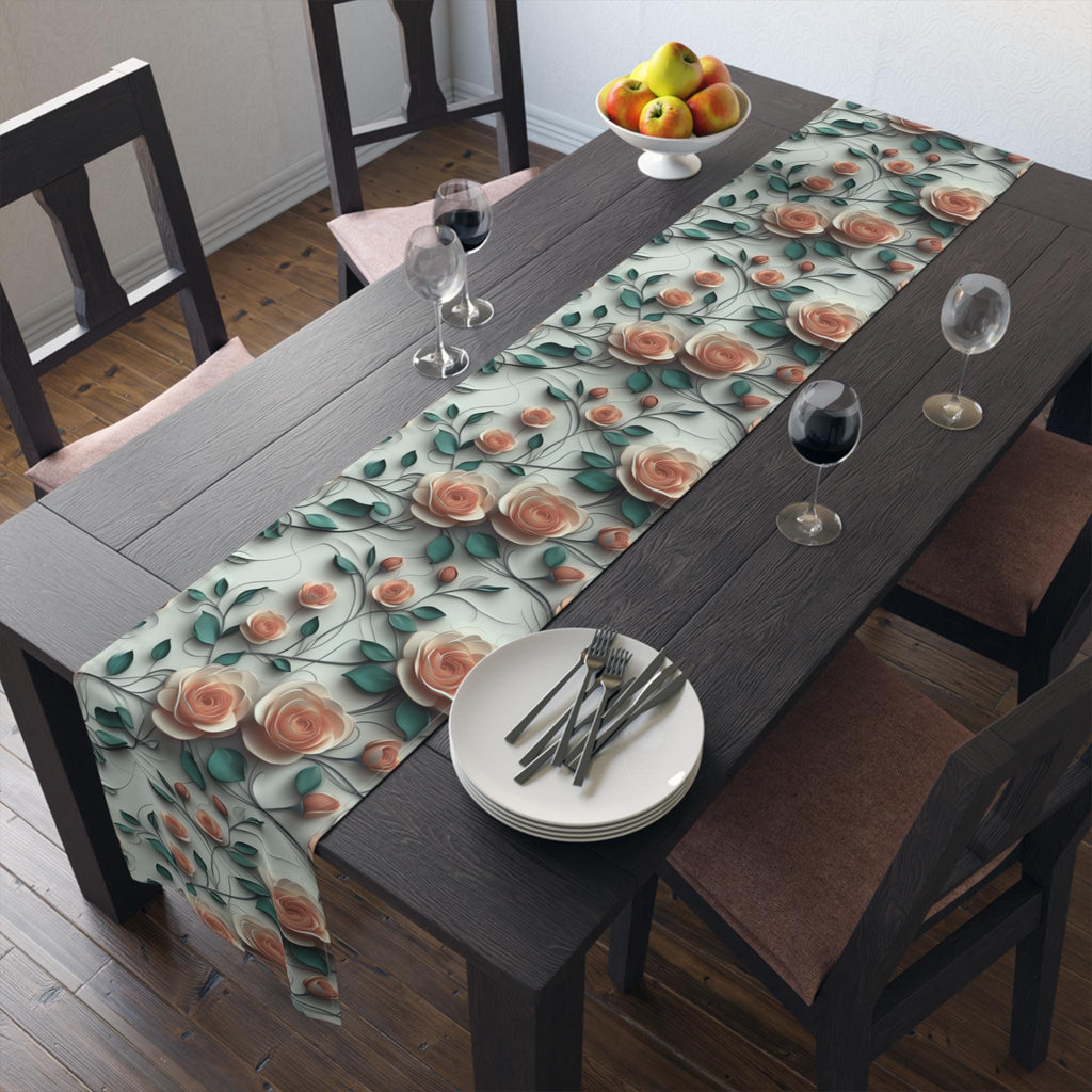 Red Coral Rose Table Runner: Romantic Floral Dining Decor