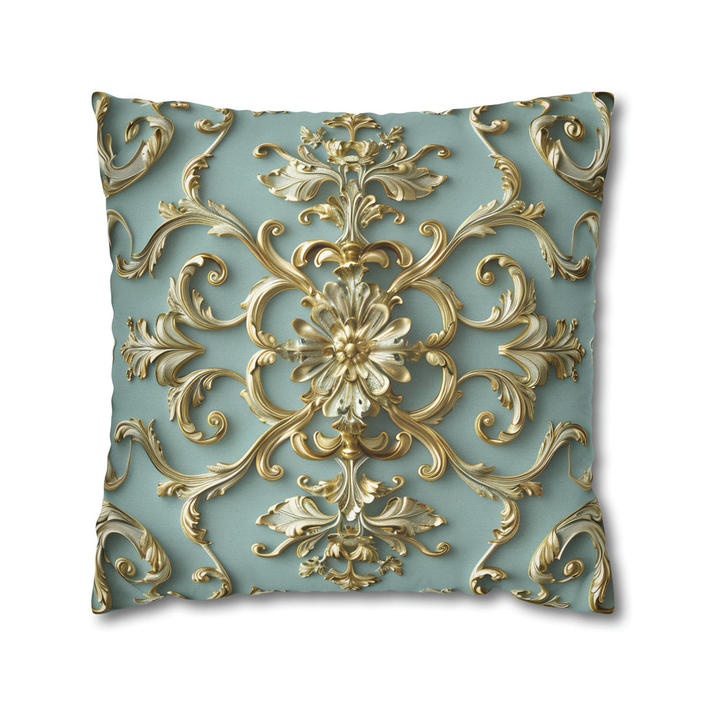 Luxurious Italian Rococo Pillow Cover: Gold Scrollwork on Soft Blue, Classical Ornate Design