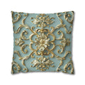 Luxurious Italian Rococo Pillow Cover: Gold Scrollwork on Soft Blue, Classical Ornate Design