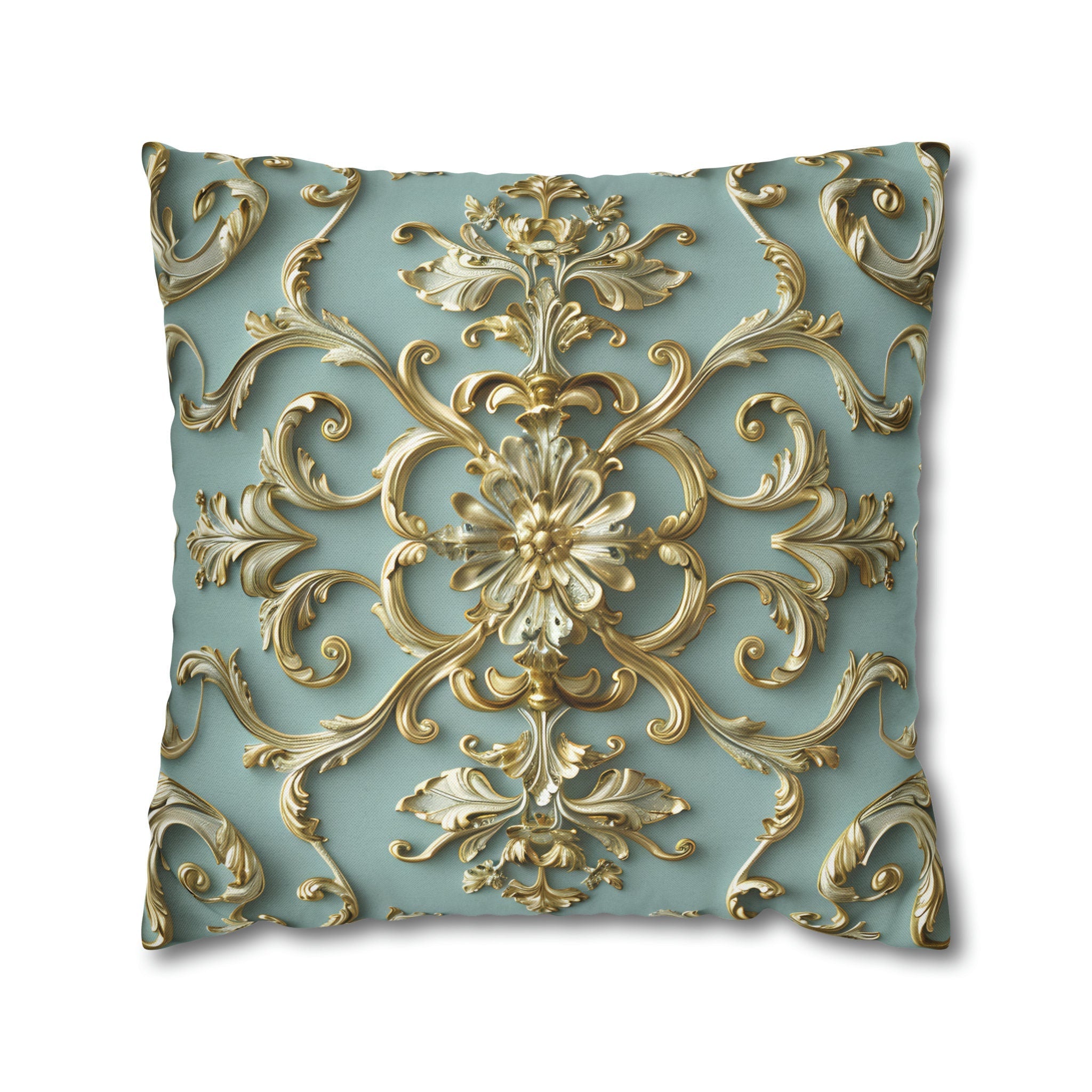 Luxurious Italian Rococo Pillow Cover: Gold Scrollwork on Soft Blue, Classical Ornate Design