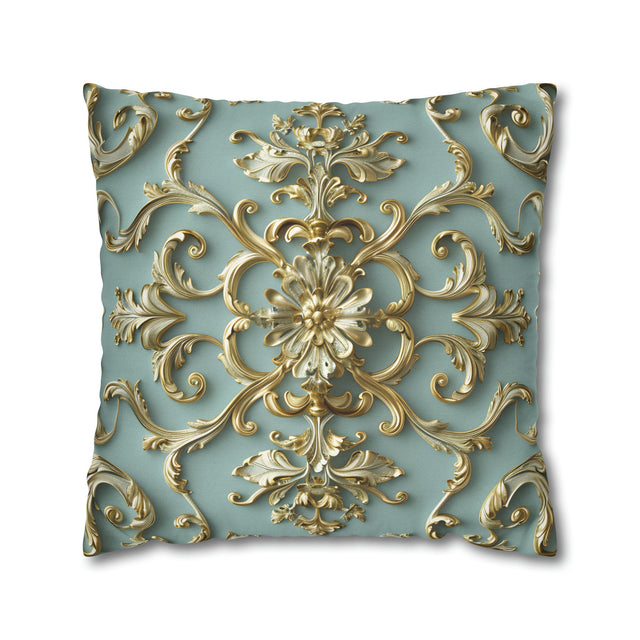 Luxurious Italian Rococo Pillow Cover: Gold Scrollwork on Soft Blue, Classical Ornate Design