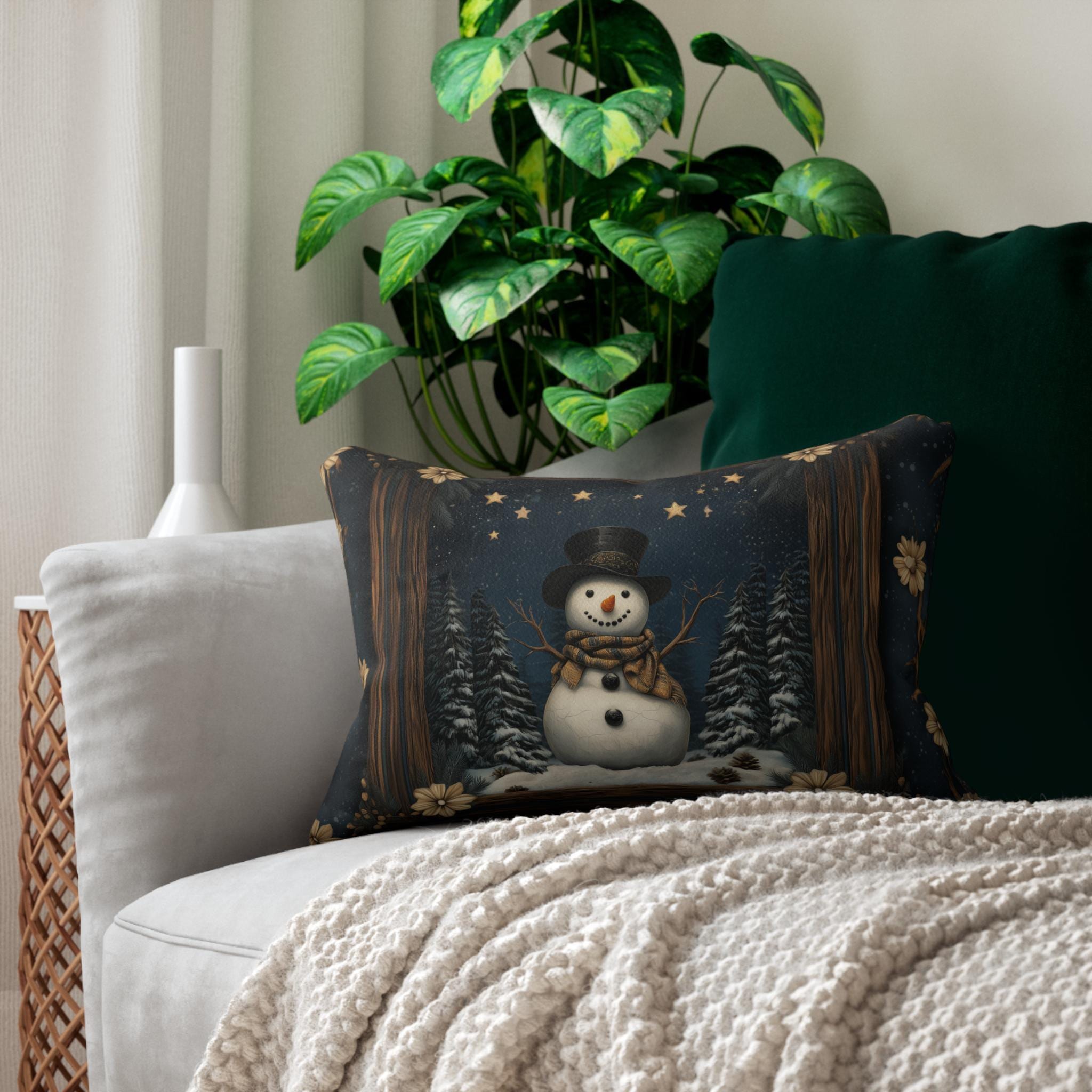 William Morris Inspired Winter Snowman Lumbar Pillow, Christmas Throw Cushion