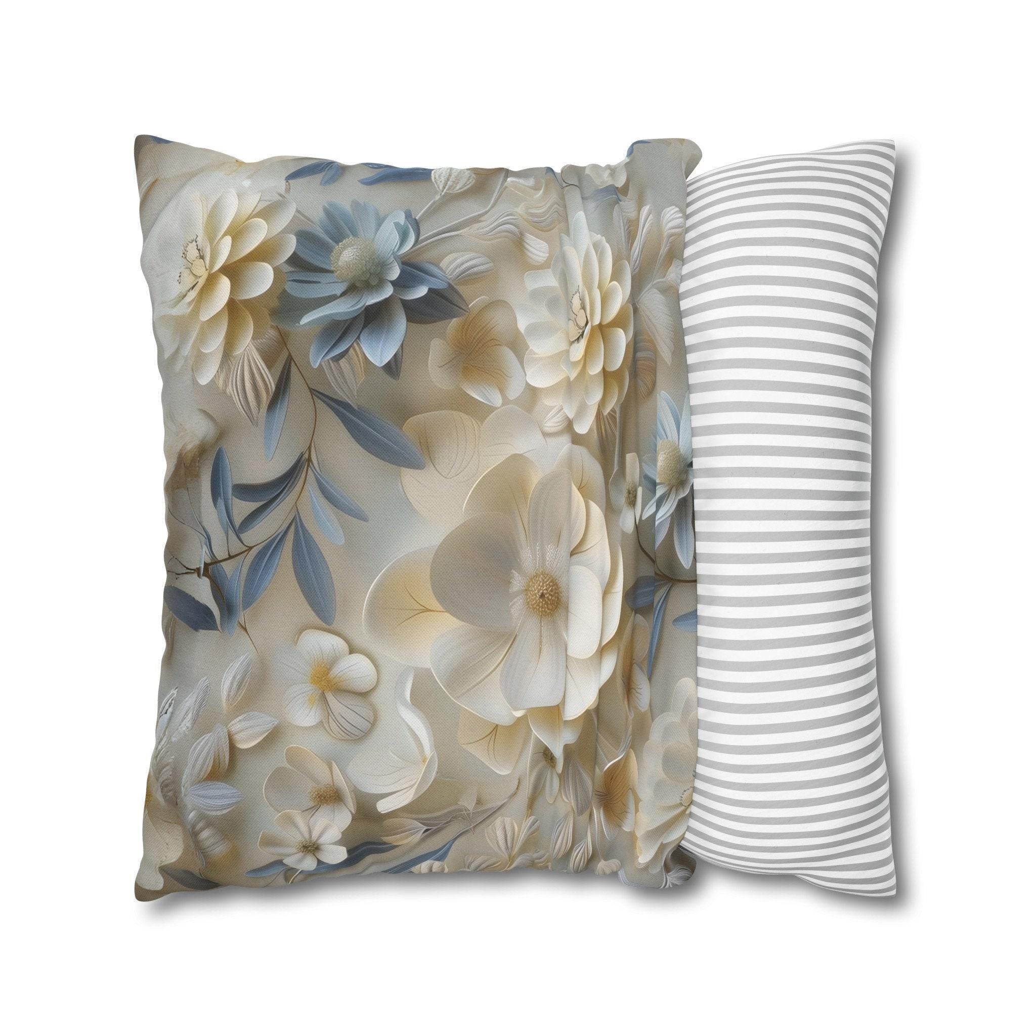 Floral Pillow Cover: Cream, Ivory & Blue Blossoms, Elegant Home Decor