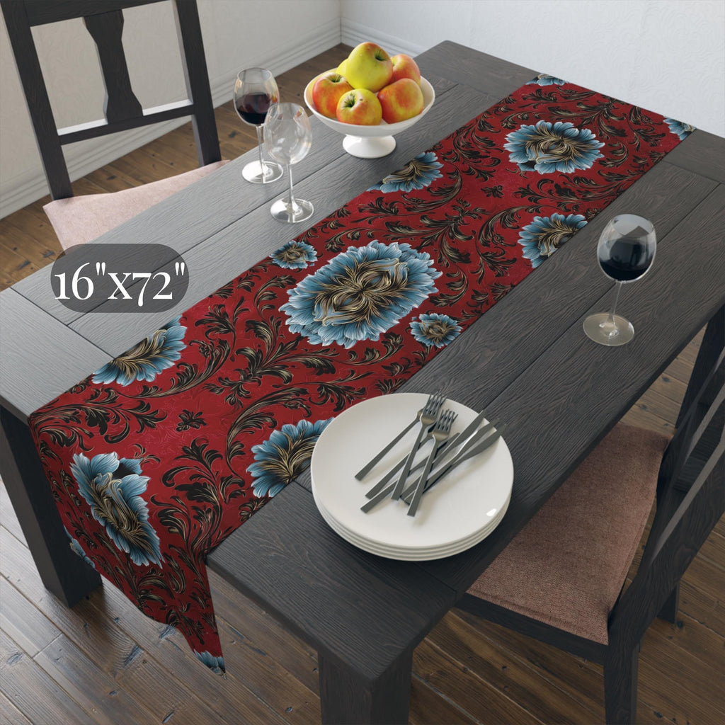 Quietly Patriotic Table Runner: Elegant Damask in Red, Cream and Blue