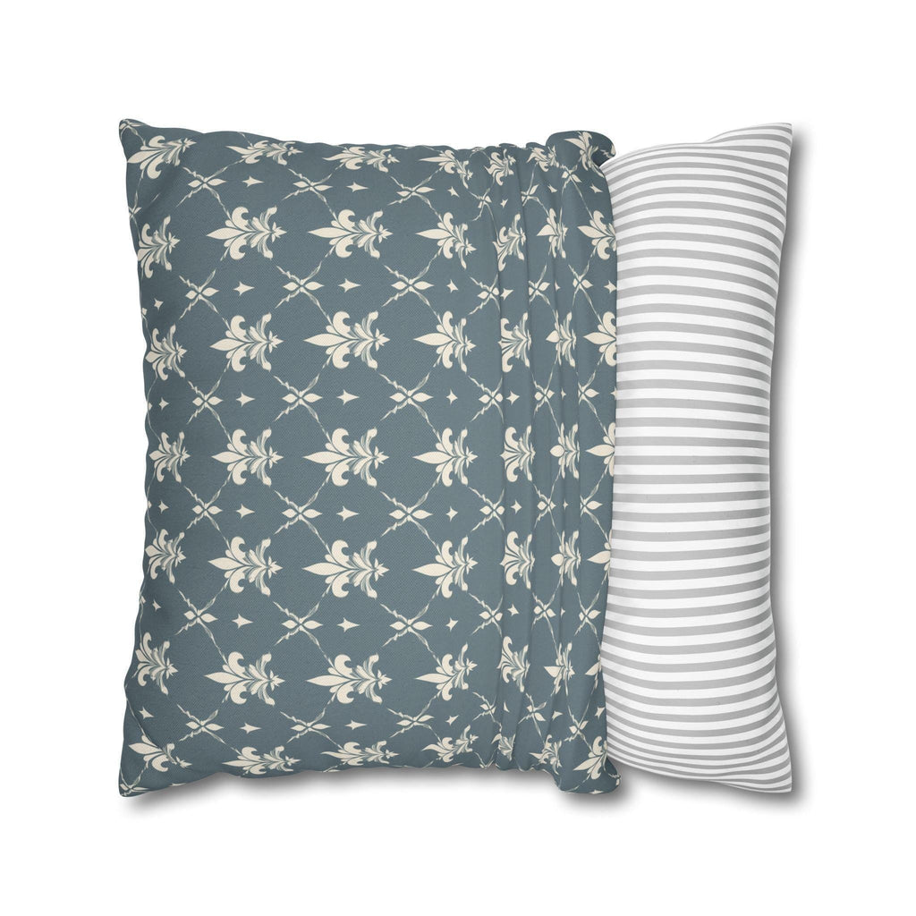 Elegant Fleur de Lis Pillow Cover: French Chateau Diamond Lattice Pattern in Soft Blue-Gray