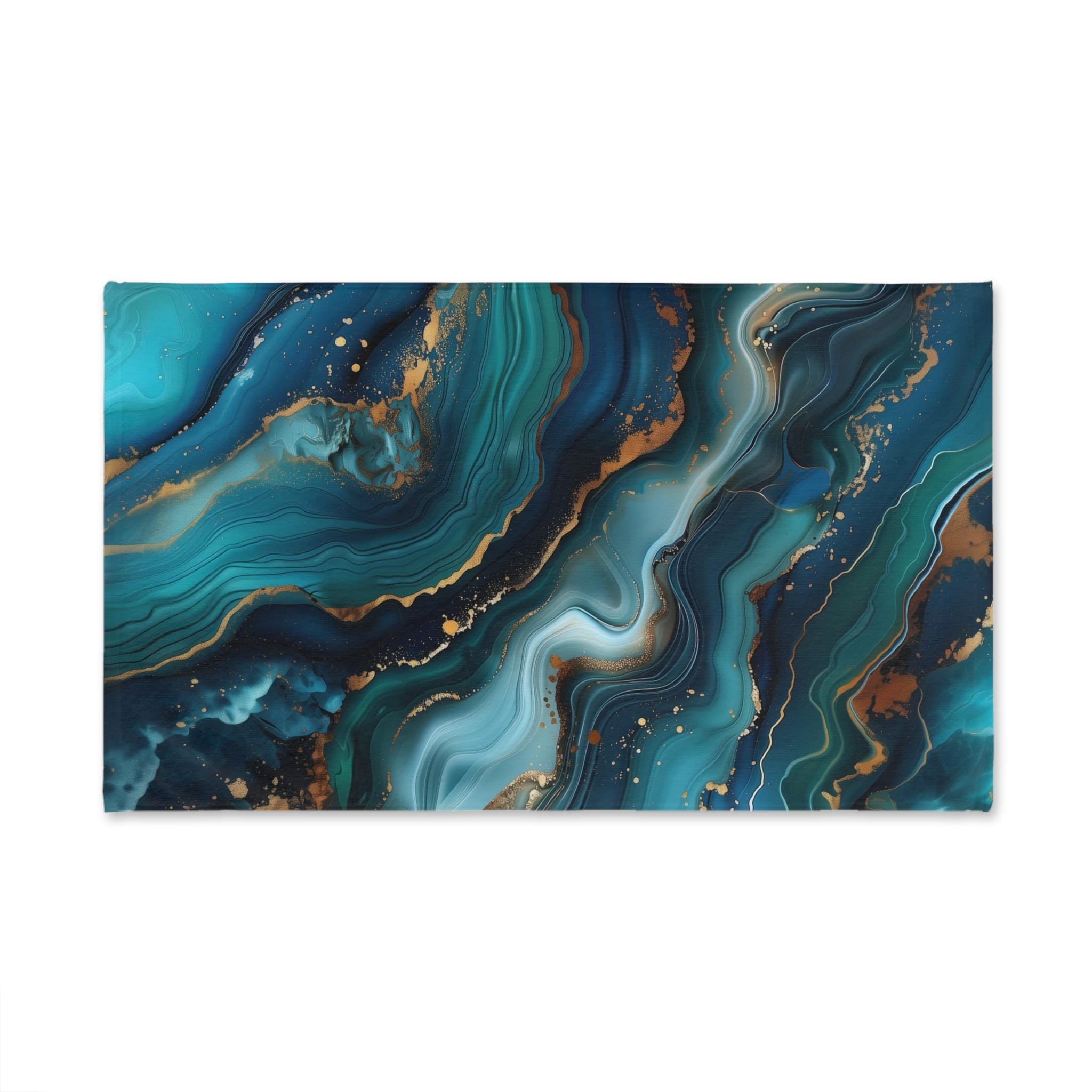 Ocean Wave Hand Towel: Teal Navy Marble Print with Gold Accents