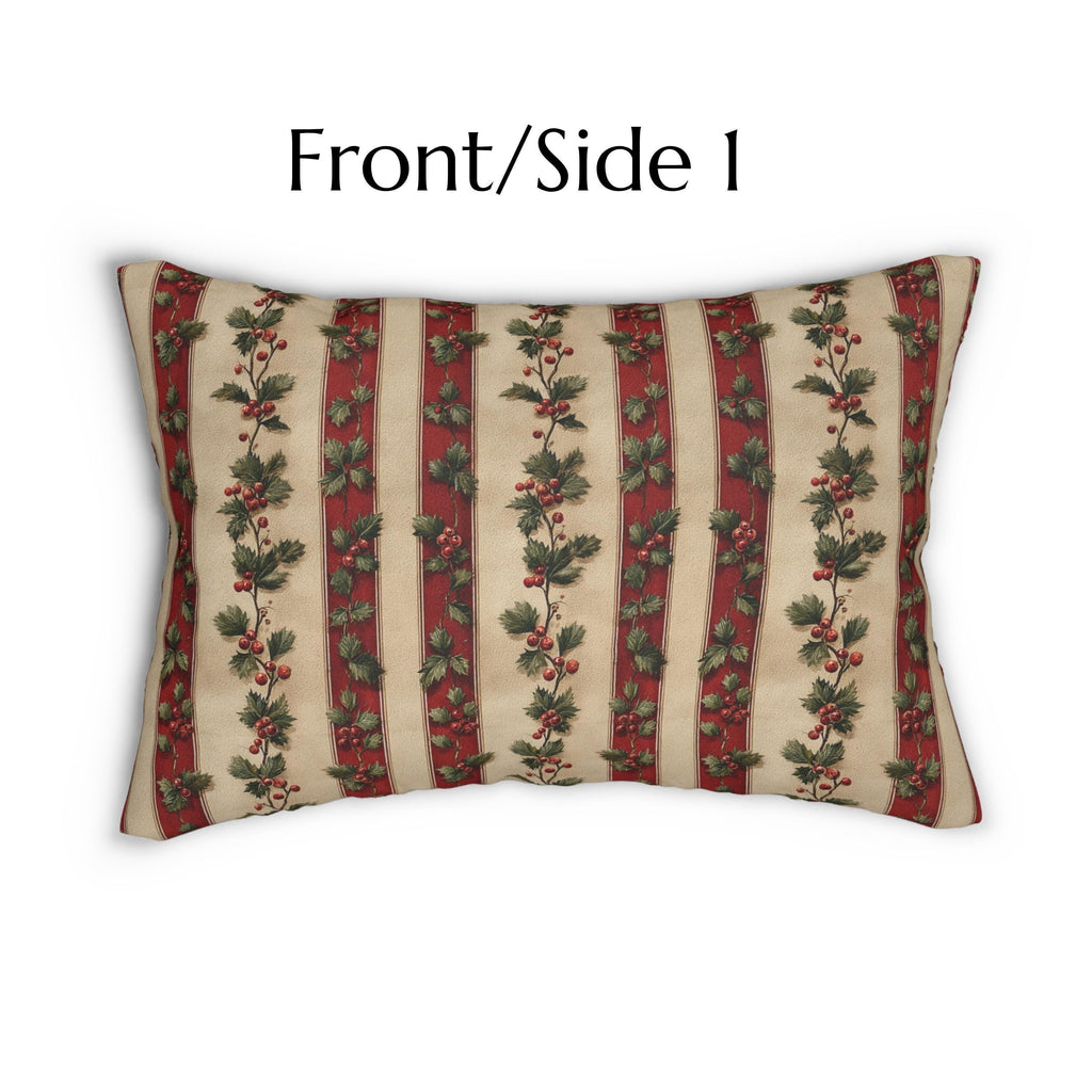Striped Holly Christmas Lumbar PIllow: Red, Green, Cream Holiday Botanical Winter Decor