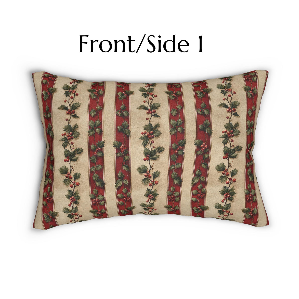 Striped Holly Christmas Lumbar PIllow: Red, Green, Cream Holiday Botanical Winter Decor