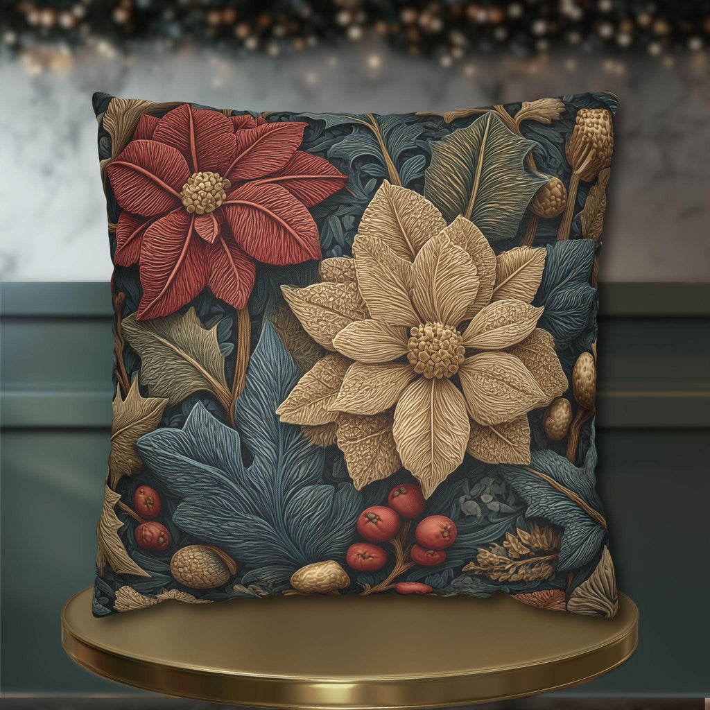 William Morris Christmas Pillow Cover: Wine and Taupe for n Gray Poinsettia Woodland Illustration