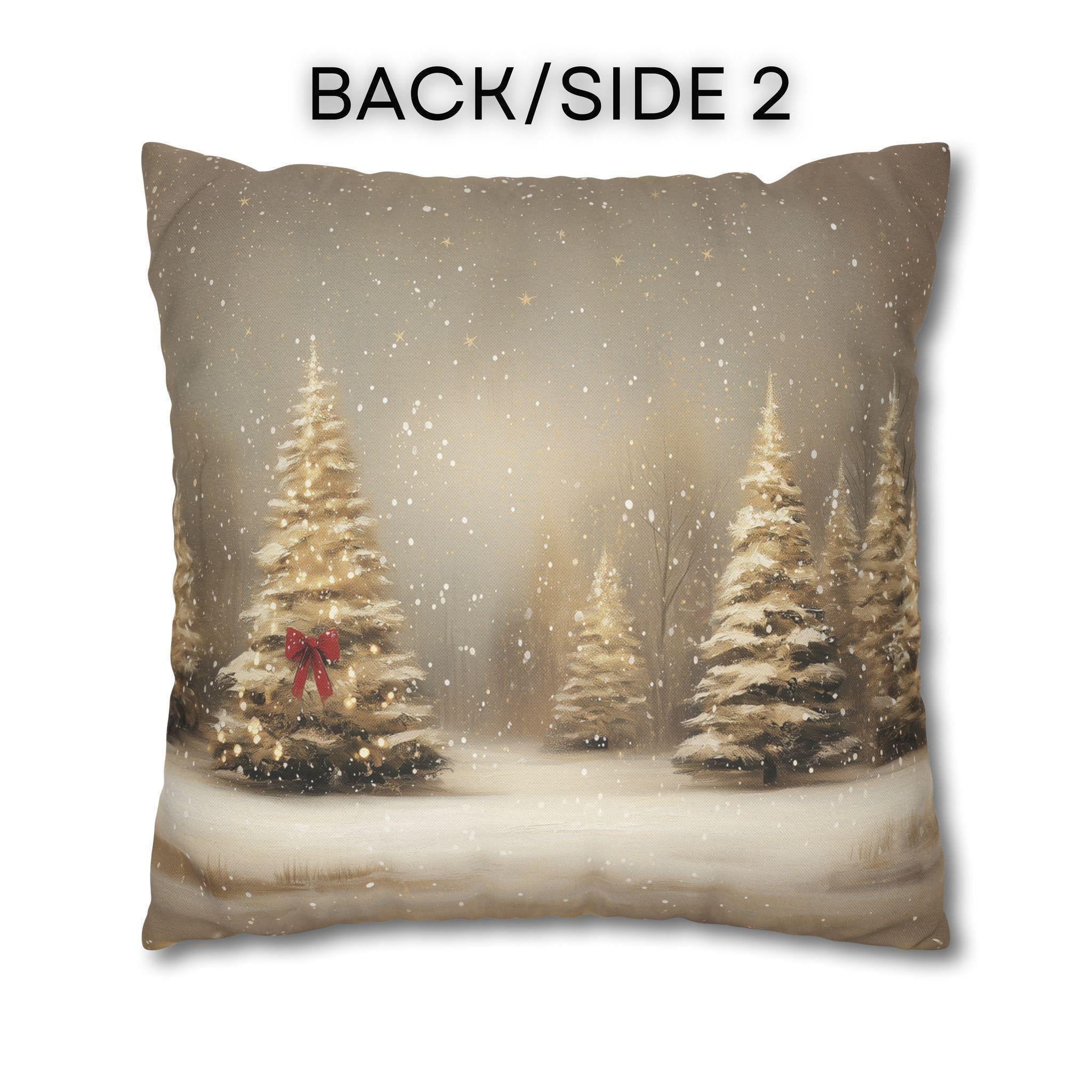 Snowy Golden Christmas Pillow Cover: Flocked Pine Tree Illustration on Square Cushion Case