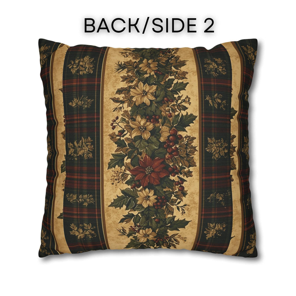 Plaid Botanical Stripes Christmas Throw Pillow Cover: Vintage Style with Poinsettias and Holly