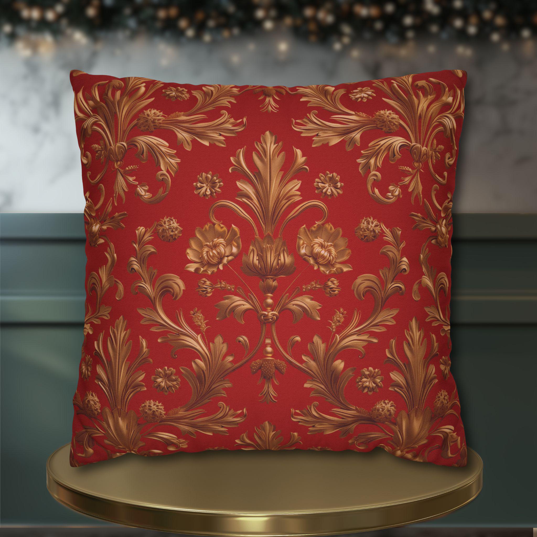 Baroque Floral Christmas Pillowcase: Rich Red, Antique Gold Spun Polyester Square Throw Pillow Cover