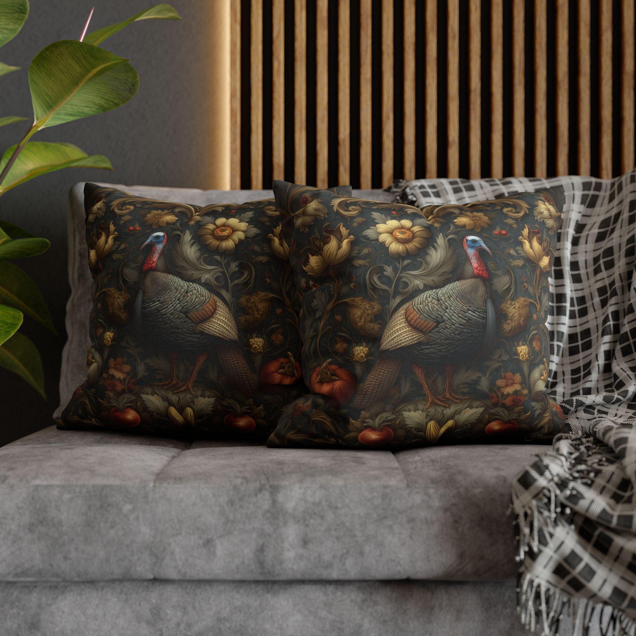 William Morris Wild Turkey Tapestry Pillow Cover: Autumn Harvest Thanksgiving Decor