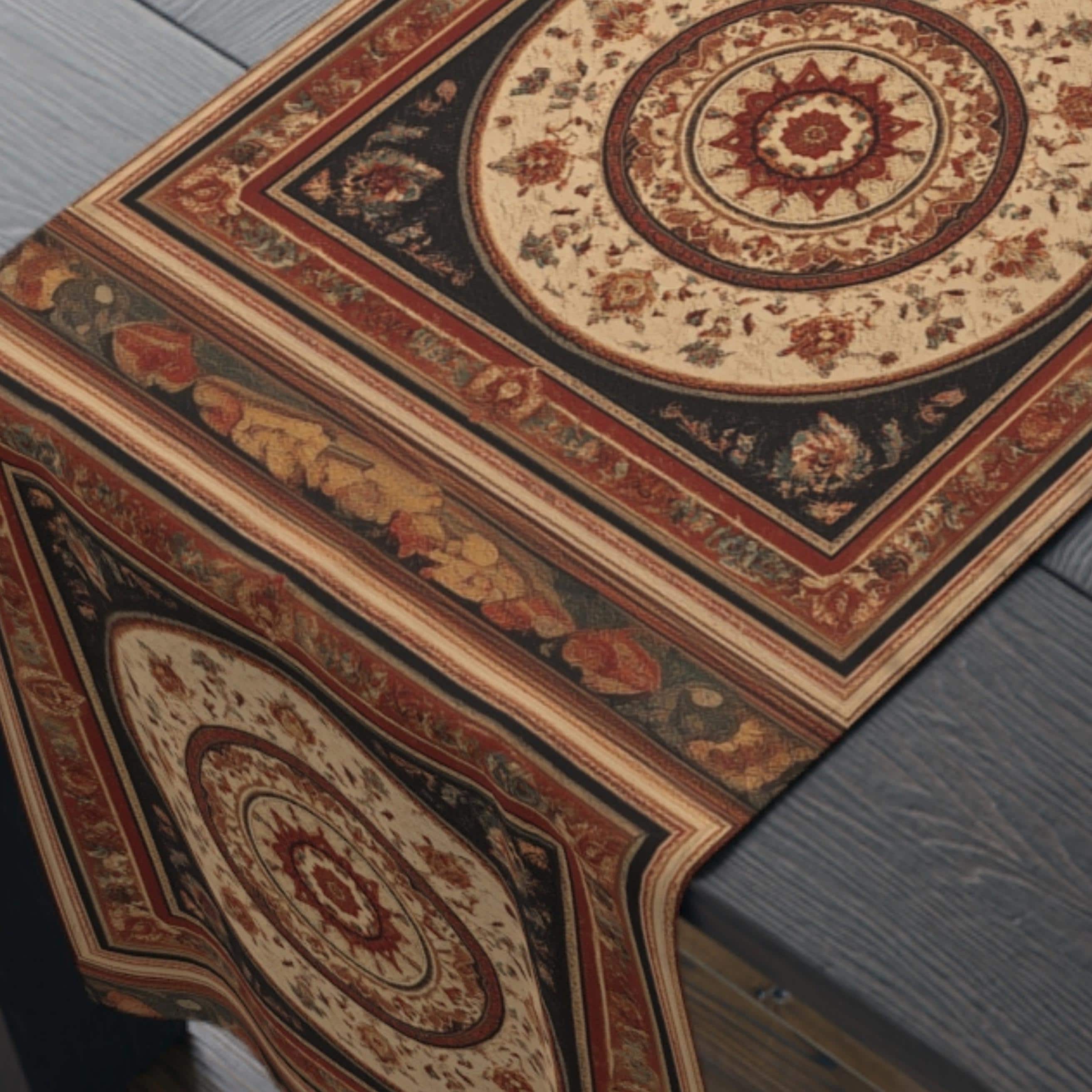 Persian Table Runner: Inspired by Antique Medallion Rug Design in Warm Rust and Cream