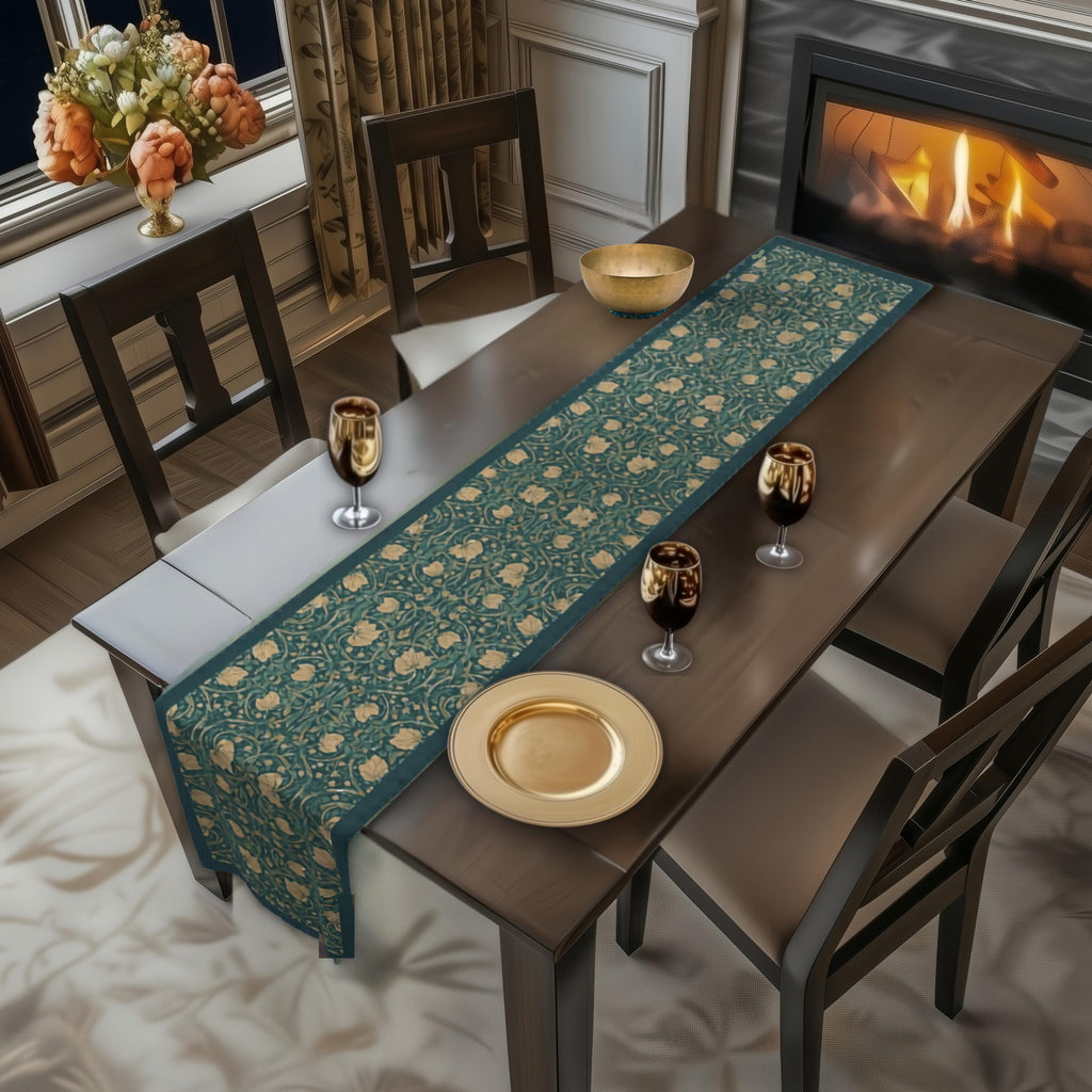 William Morris Midnight Teal Champagne Table Runner: Vintage Pimpernel Reconstructed