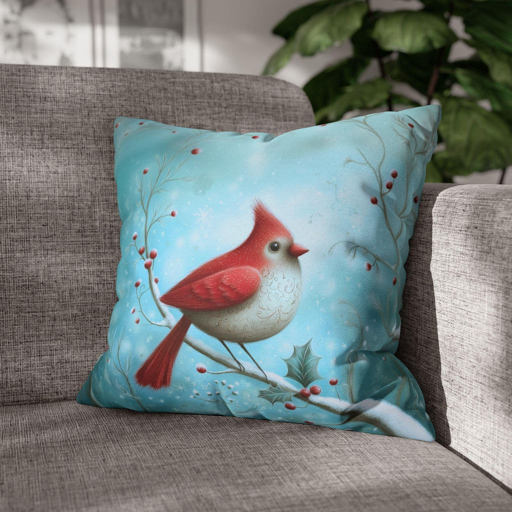 Winter Cardinal Throw Pillow Cover: Frosty Blue Holiday Bird Accent